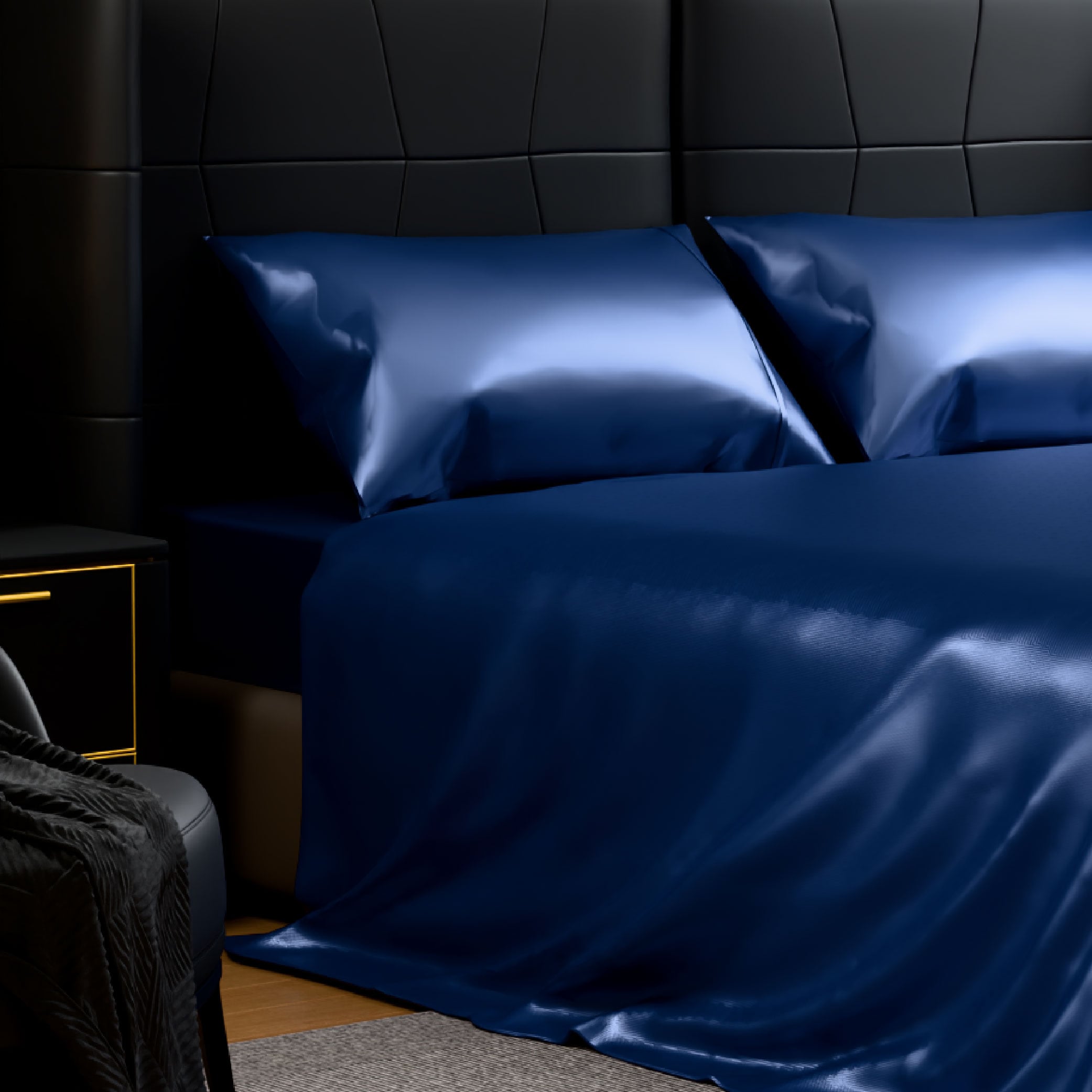 Satin Bed Sheets, King Size Sheets Set, 4 Pcs Silky Bedding Set With 15 Inches Deep Pocket For Mattress (King, Navy Blue)_voghion.com